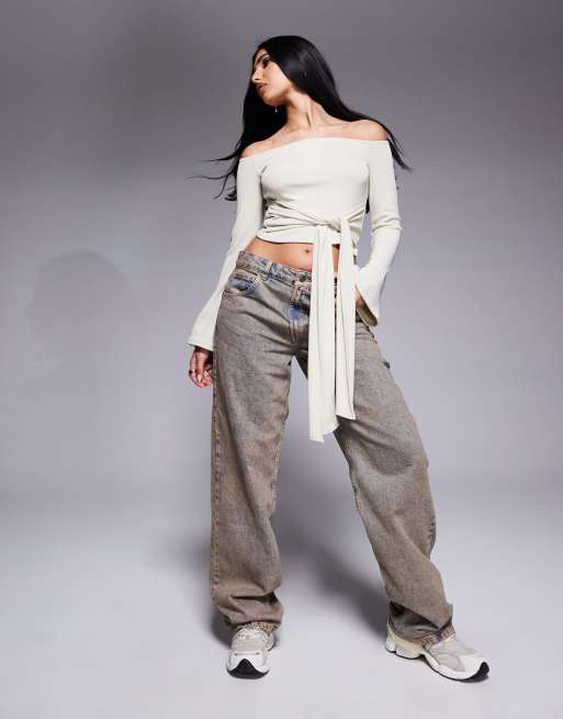 ASOS DESIGN ribbed off the shoulder tie waist detail top in cream