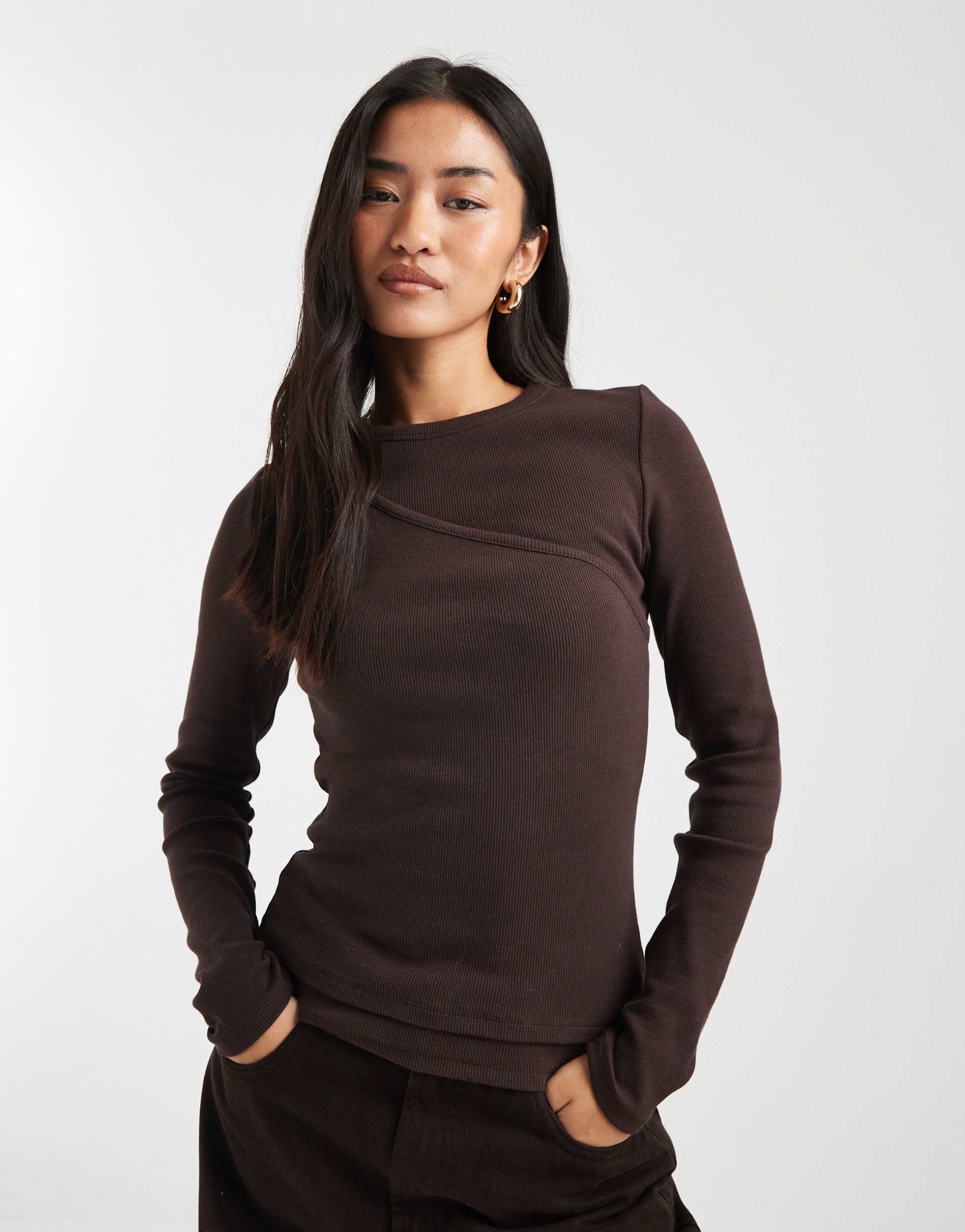 asos design ribbed one-shoulder double layer long sleeve top brown