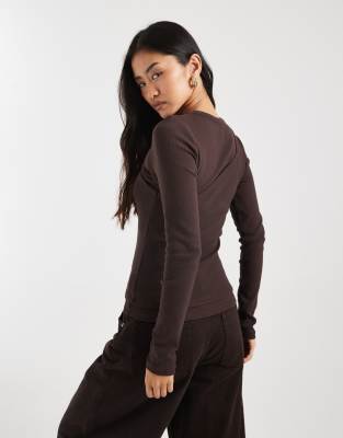 Asos Design Ribbed One-shoulder Double Layer Long Sleeve Top Brown In Brown