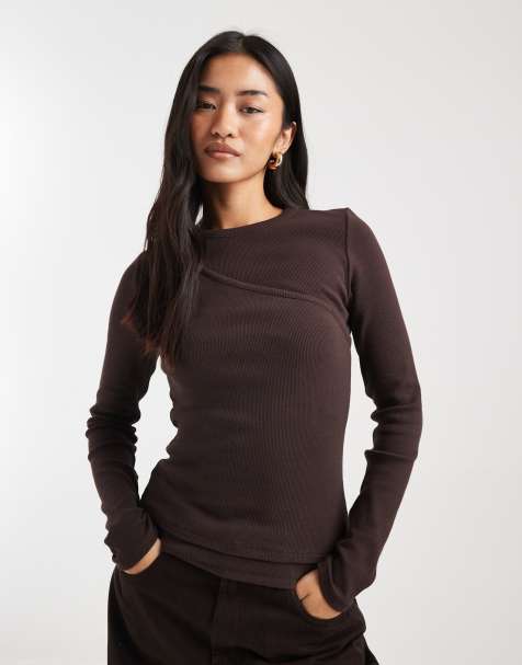 ASOS DESIGN ribbed one-shoulder double-layer long sleeve top in brown - view 1