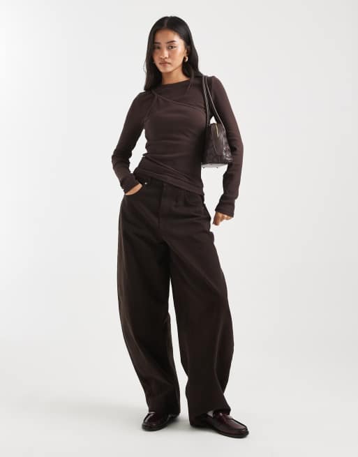 ASOS DESIGN ribbed one-shoulder double-layer long sleeve top in brown, 3 of 4
