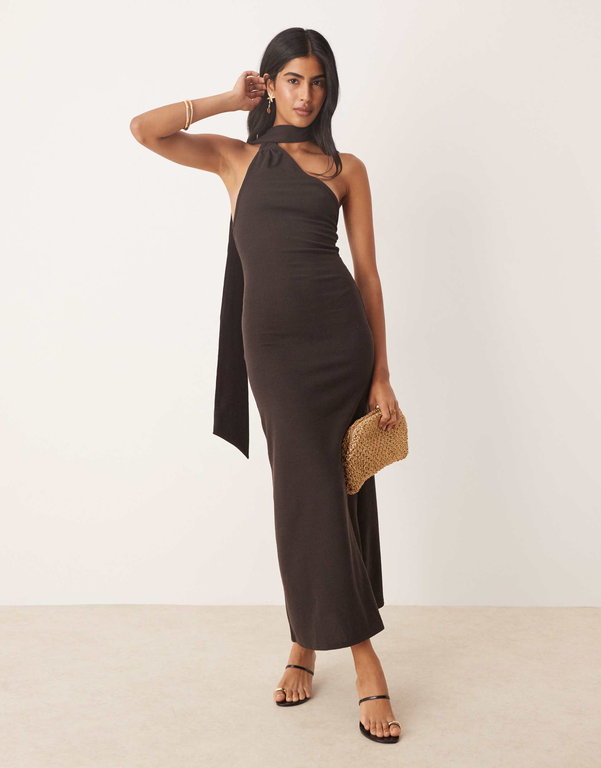 asos design ribbed one-shoulder neck scarf midi dress in chocolate