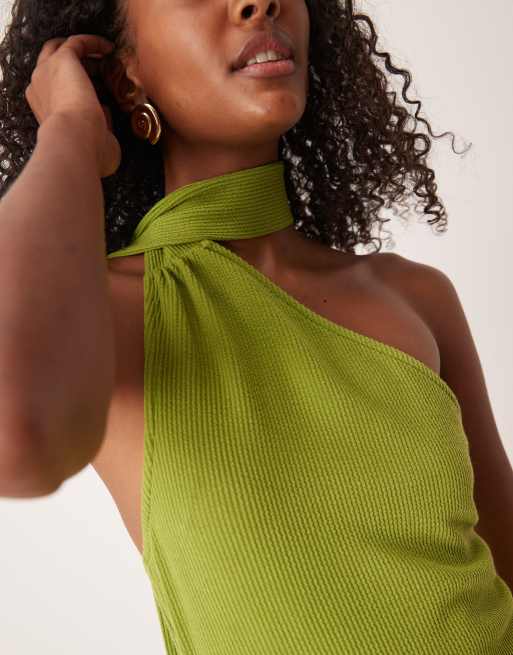 ASOS DESIGN ribbed one-shoulder neck scarf midi dress in olive