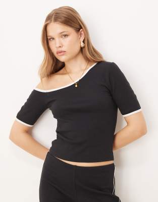 Asos Design Ribbed One-shoulder Top With Contrast Piping Detail In Black