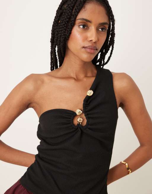 ASOS DESIGN ribbed one shoulder top with gold trim detail in black, 2 of 4