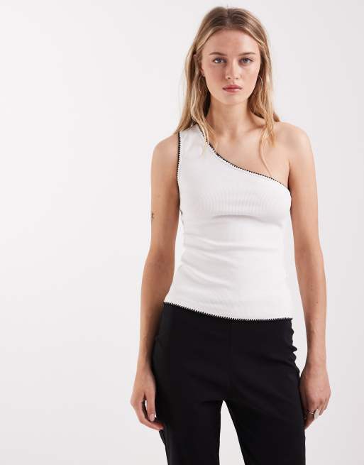 ASOS DESIGN ribbed one shoulder vest with blanket stitch detail in cream, 2 of 4