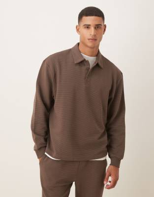 Asos Design Ribbed Oversized Polo Sweatshirt In Brown