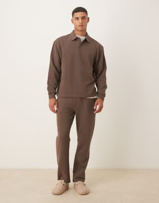 Asos Design Ribbed Oversized Polo Sweatshirt In Brown