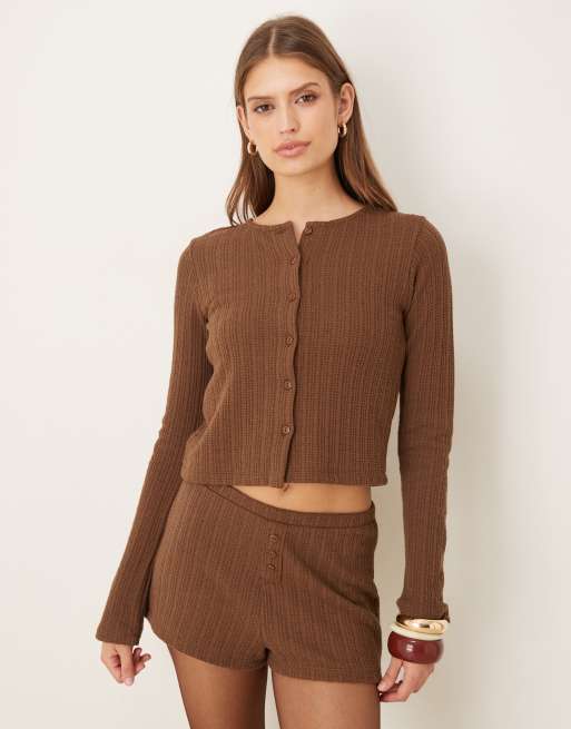 ASOS DESIGN ribbed pointelle button through top in chocolate - part of a set