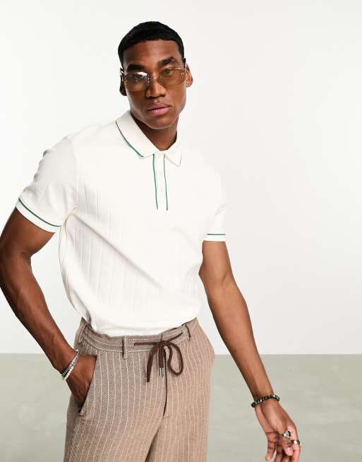 ASOS DESIGN ribbed polo in cream with green trim detail