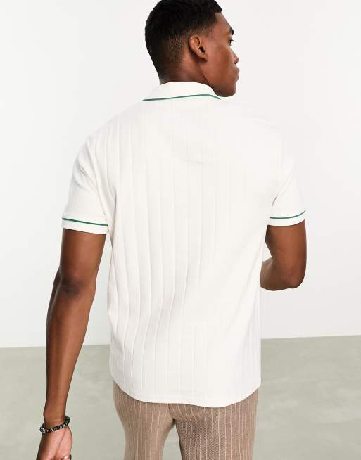 ASOS DESIGN ribbed polo in cream with green trim detail, 4 of 4