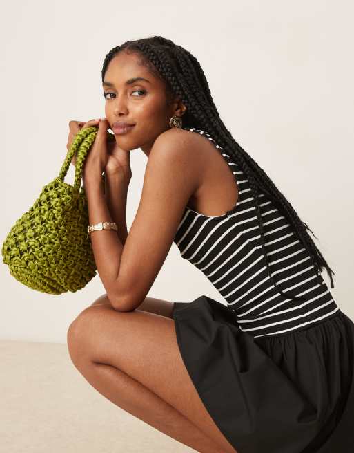 ASOS DESIGN ribbed poplin mix slash neck mini dress in black stripes, 3 of 4