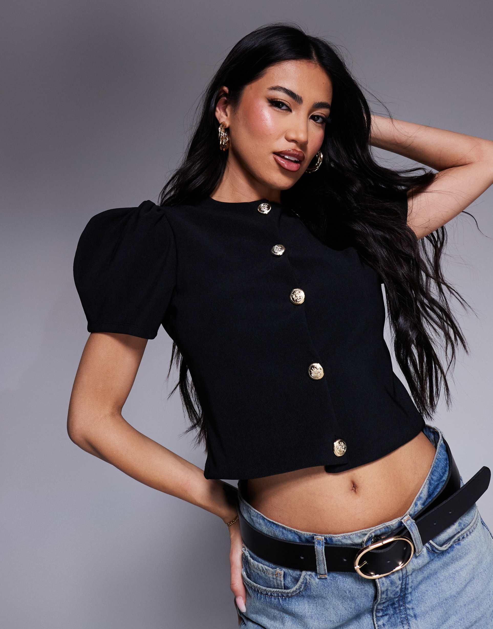asos design ribbed puff sleeve structured button through top in black