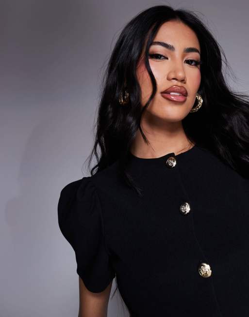 ASOS DESIGN ribbed puff sleeve structured button through top in black