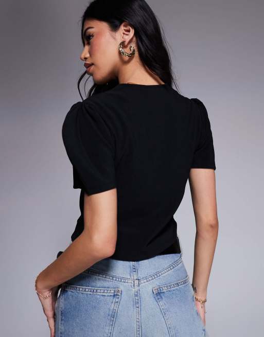 ASOS DESIGN ribbed puff sleeve structured button through top in black
