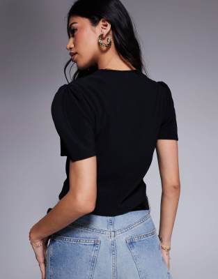 ASOS DESIGN ribbed puff sleeve structured button through top in black
