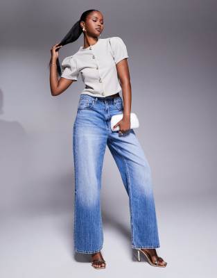 Asos Design Ribbed Puff Sleeve Structured Button Up Top In Neutral