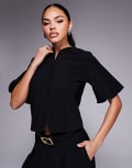 [ASOS DESIGN] ASOS DESIGN ribbed puff sleeve structured hook and eye top in black S Black