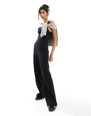 Shop ASOS DESIGN ribbed racer black jumpsuit with wide leg Online – Trendy & Affordable Fashion