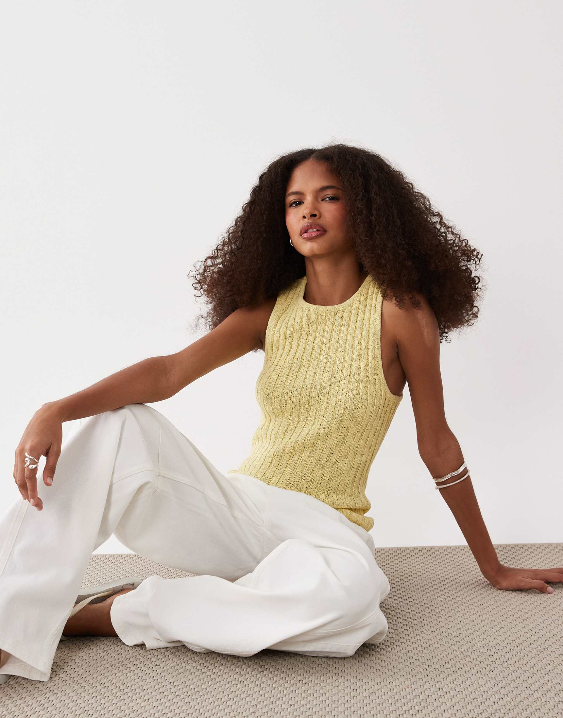 asos design ribbed racer boucle tank top in yellow