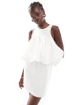 [ASOS DESIGN] ASOS DESIGN ribbed racer neck cotton mini dress with puffball detail-White 14 WHITE