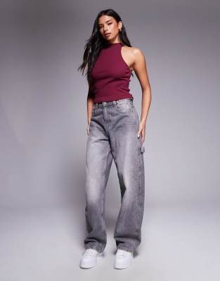 Asos Design Ribbed Racer Neck Tank Top In Burgundy