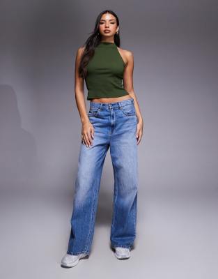 Asos Design Ribbed Racer Neck Top In Green