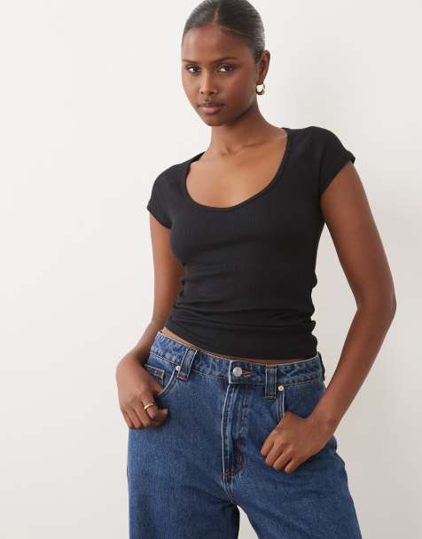 ASOS DESIGN ribbed raglan v neck baby tee in black - view 1