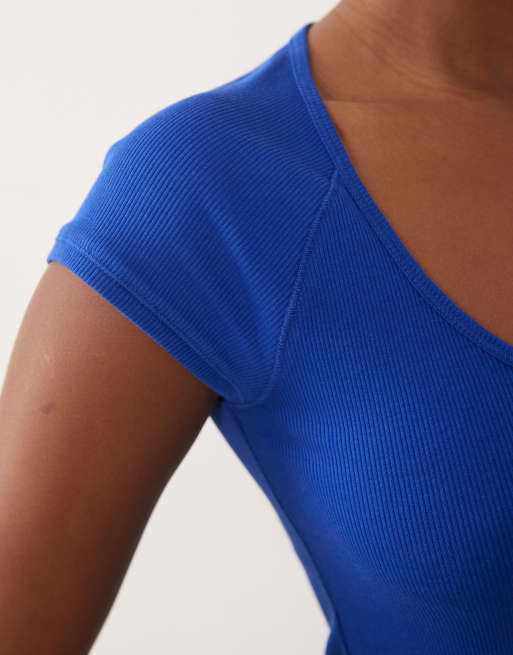 ASOS DESIGN ribbed raglan v neck baby tee in bright blue, 2 of 4