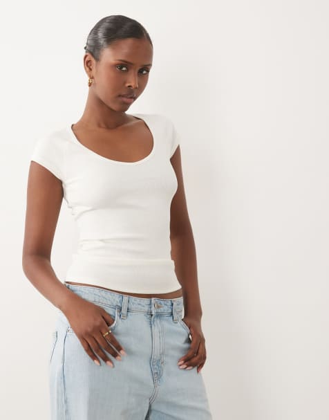 ASOS DESIGN ribbed raglan v neck baby tee in white - view 1