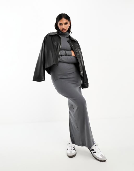 ASOS DESIGN ribbed roll neck long sleeve midi dress in charcoal 