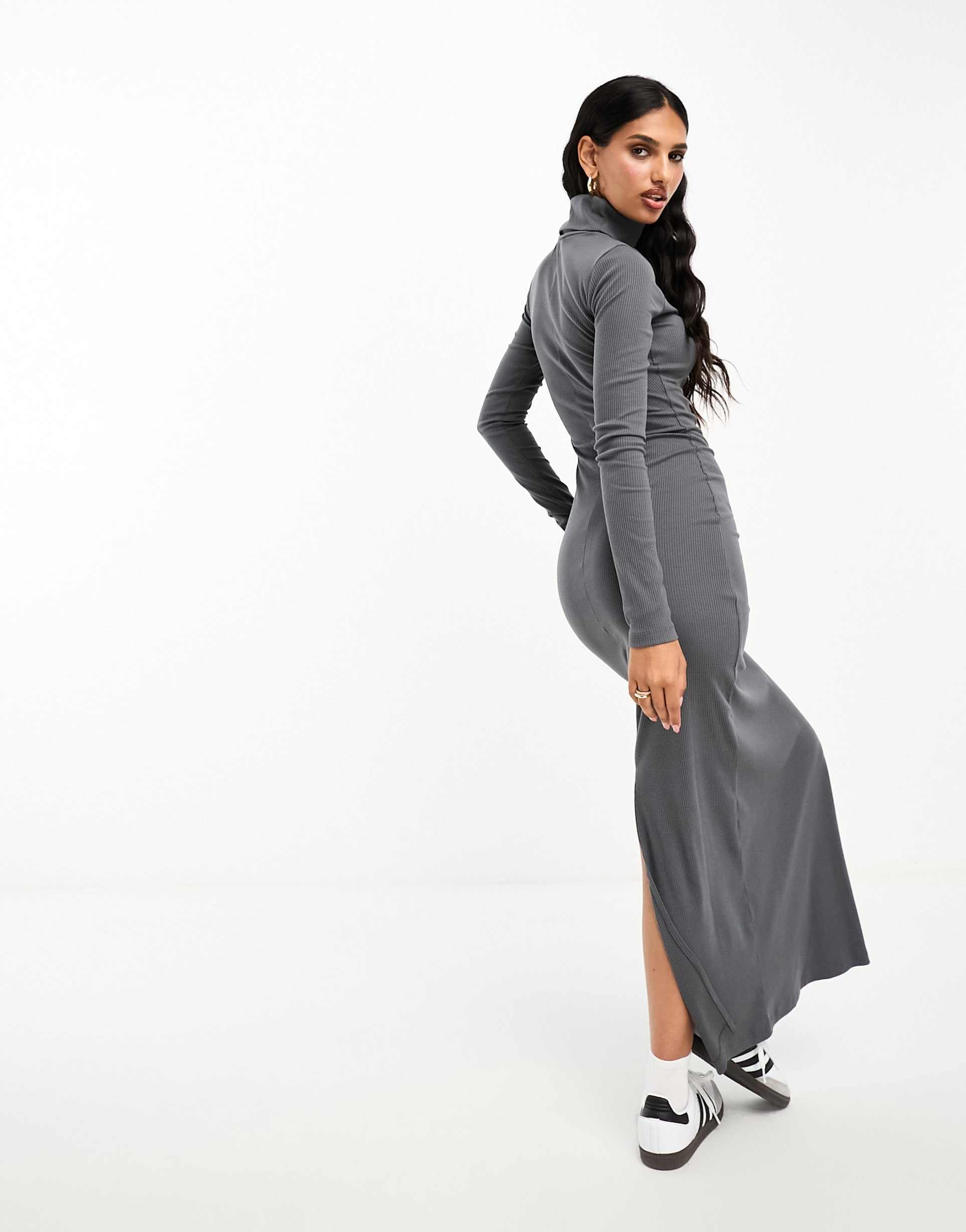 asos design ribbed roll neck long sleeve midi dress in charcoal
