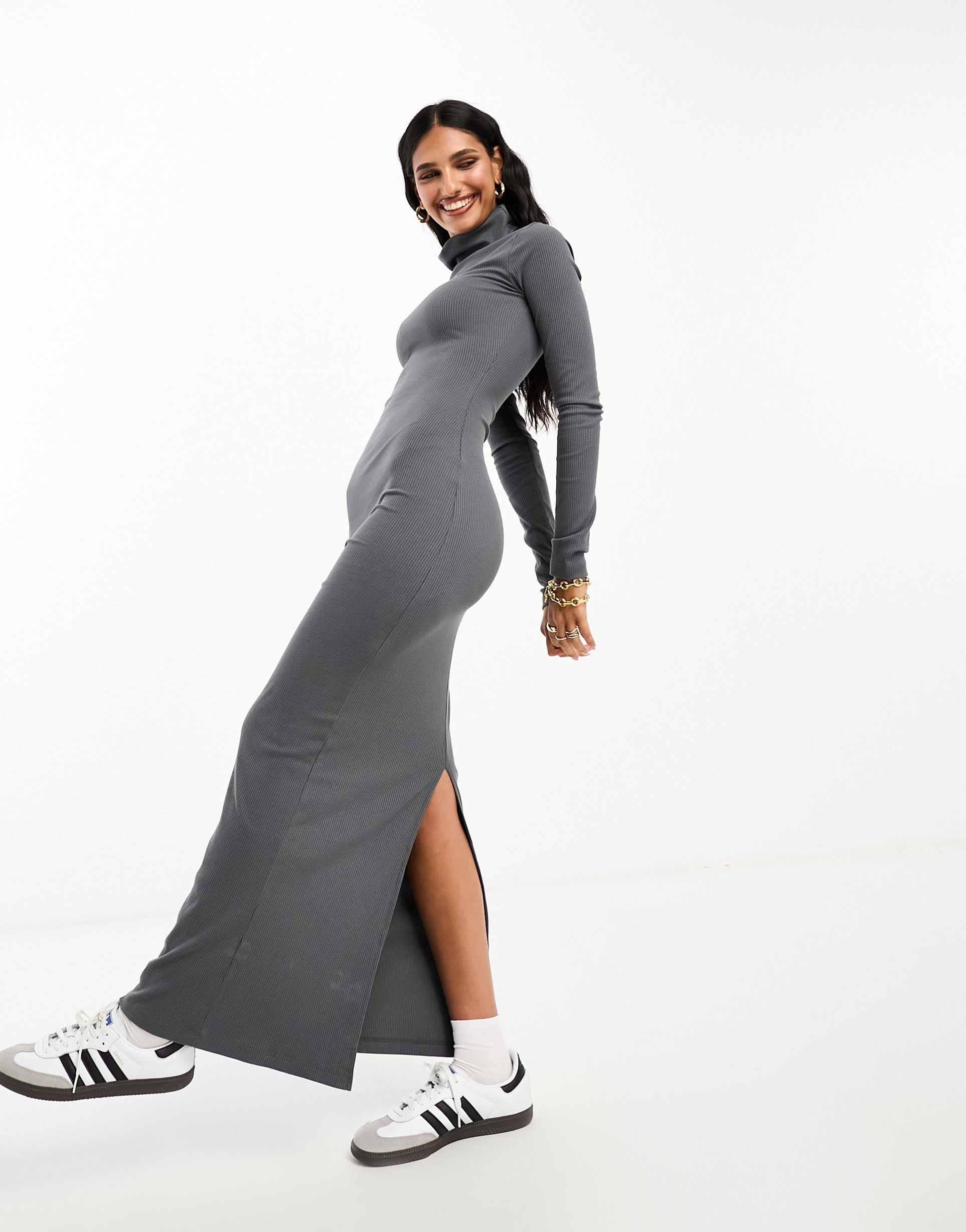 asos design ribbed roll neck long sleeve midi dress in charcoal