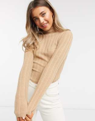 ASOS DESIGN ribbed roll neck sweater in camel