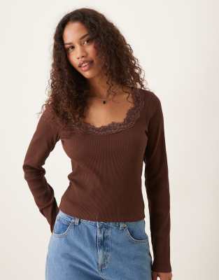 Asos Design Ribbed Round Neck Long Sleeve Top With Lace Trim In Brown
