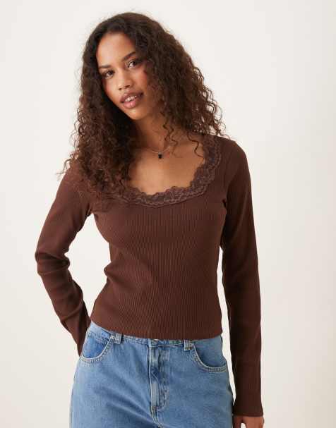 ASOS DESIGN ribbed round neck long sleeve top with lace trim in chocolate - view 1
