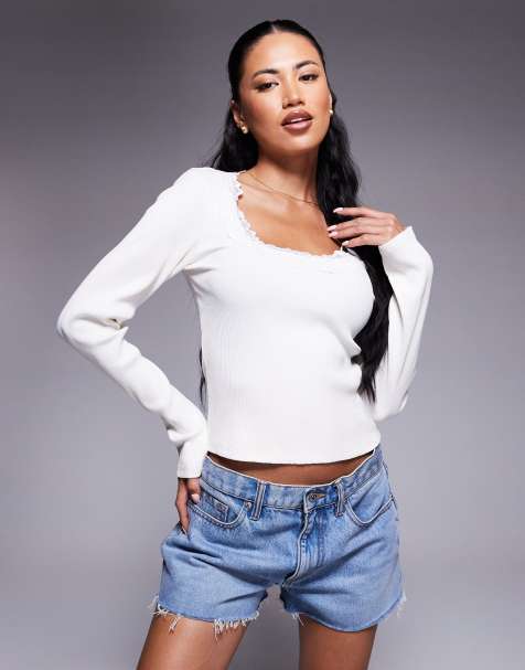 ASOS DESIGN ribbed round neck long sleeve top with lace trim in cream - view 1