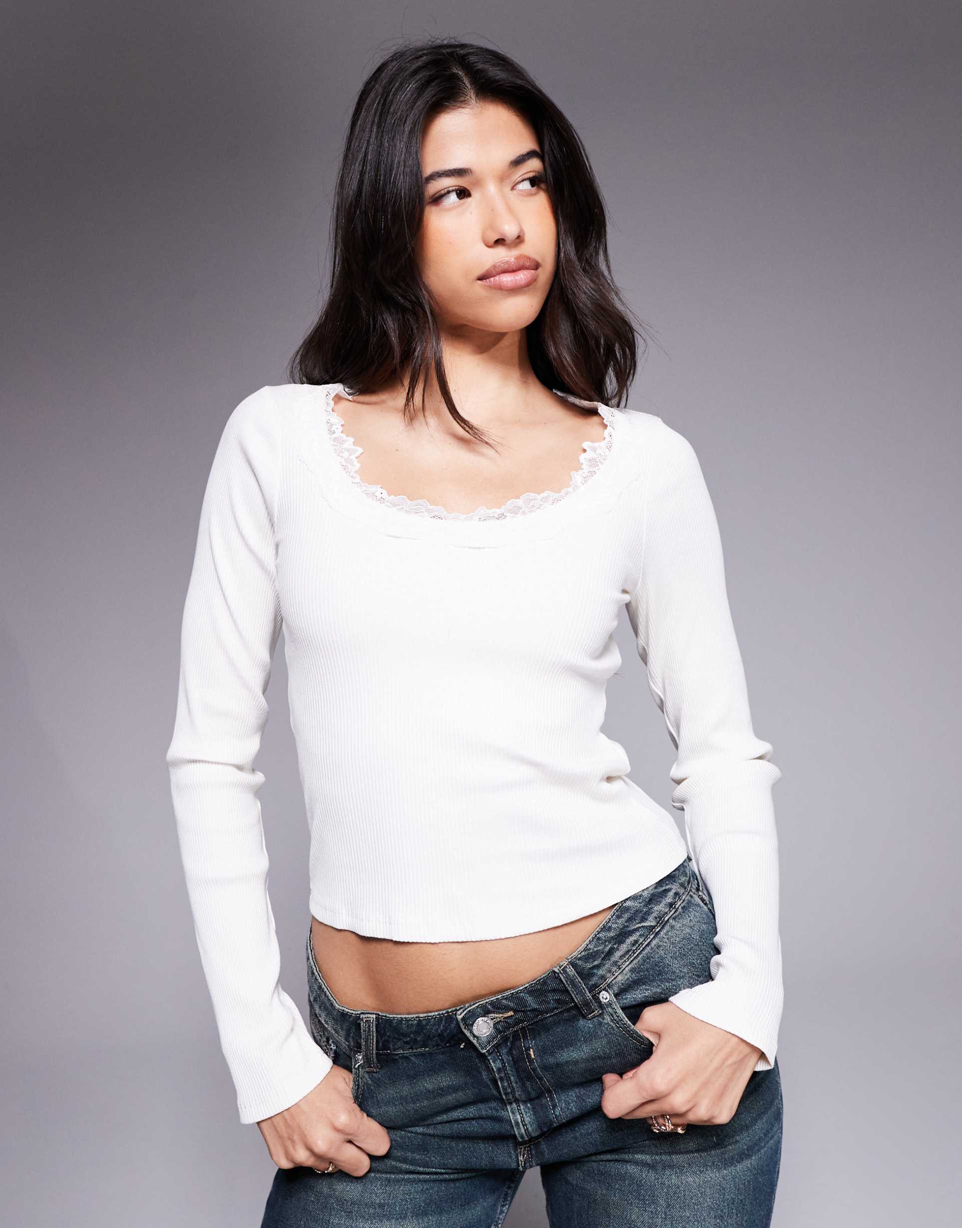 asos design ribbed round neck long sleeve top with lace trim in cream