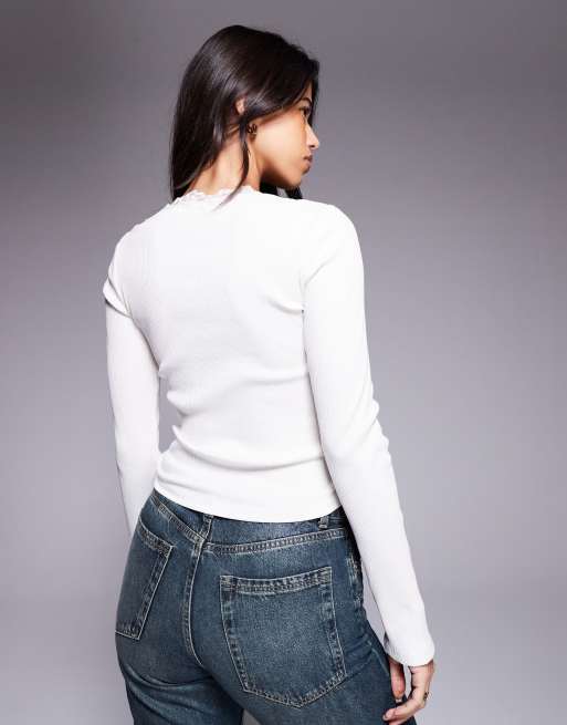 ASOS DESIGN ribbed round neck long sleeve top with lace trim in cream, 2 of 4