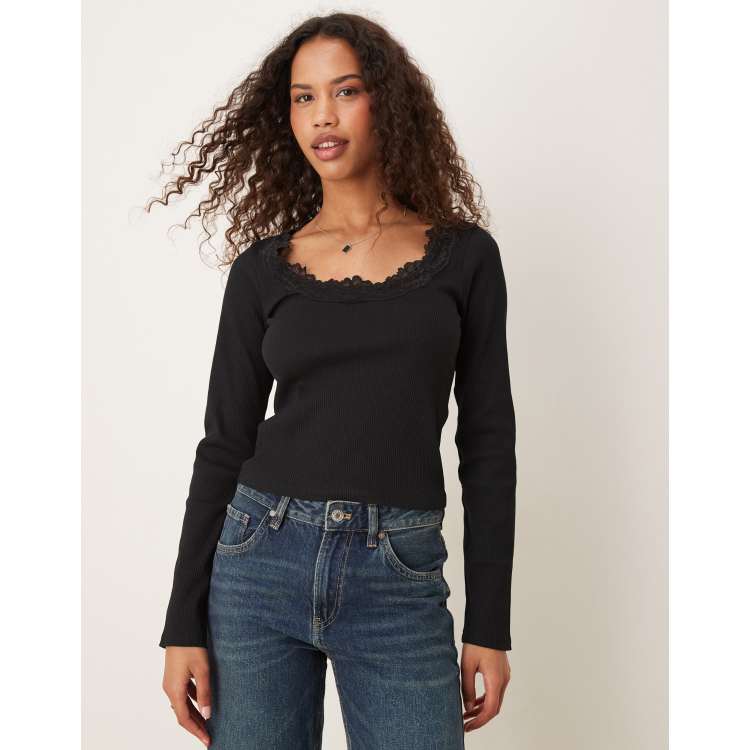 トップス LACE RIBBED TOP IN MIXED COTTON/ BLACK Lace Ribbed Top in Mixed Cotton/Black