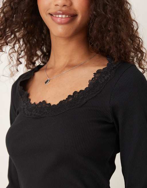 ASOS DESIGN ribbed round neck long sleeve top with lace trim in black, 2 of 4