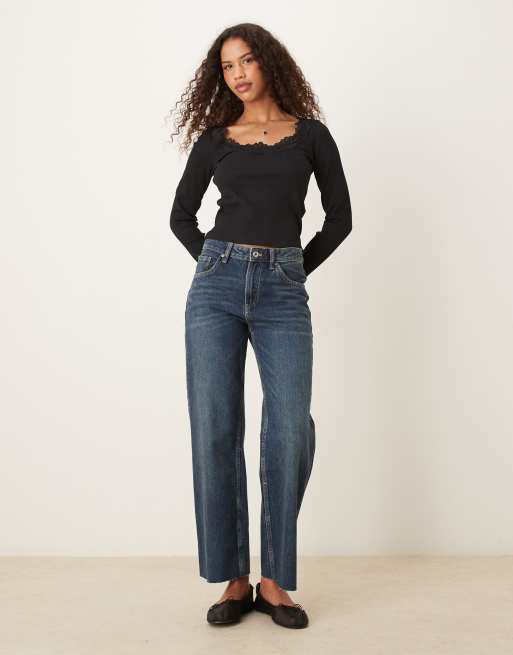 ASOS DESIGN ribbed round neck long sleeve top with lace trim in black, 4 of 4
