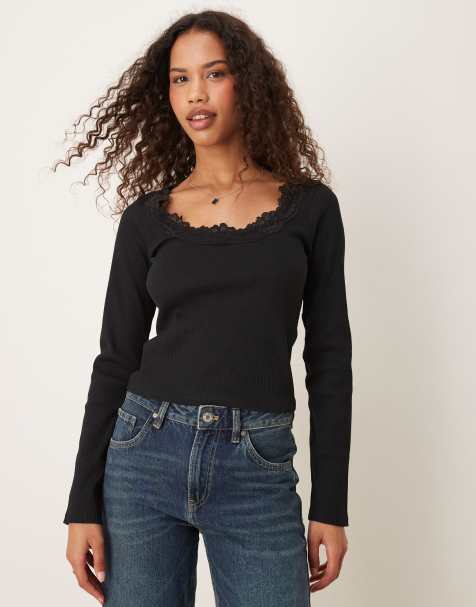ASOS DESIGN ribbed round neck long sleeve top with lace trim in black - view 1