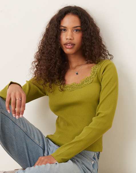 ASOS DESIGN ribbed round neck long sleeve top with lace trim&nbsp;in green - view 1