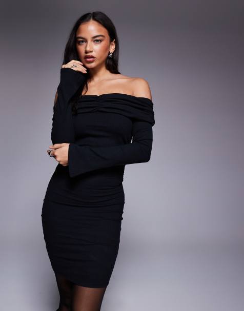 ASOS DESIGN ribbed ruched bardot mini dress in black - view 1