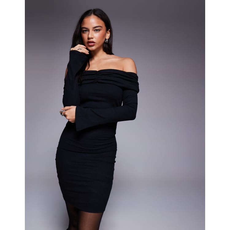 ASOS Design Ribbed Ruched Bardot Mini Dress in Black