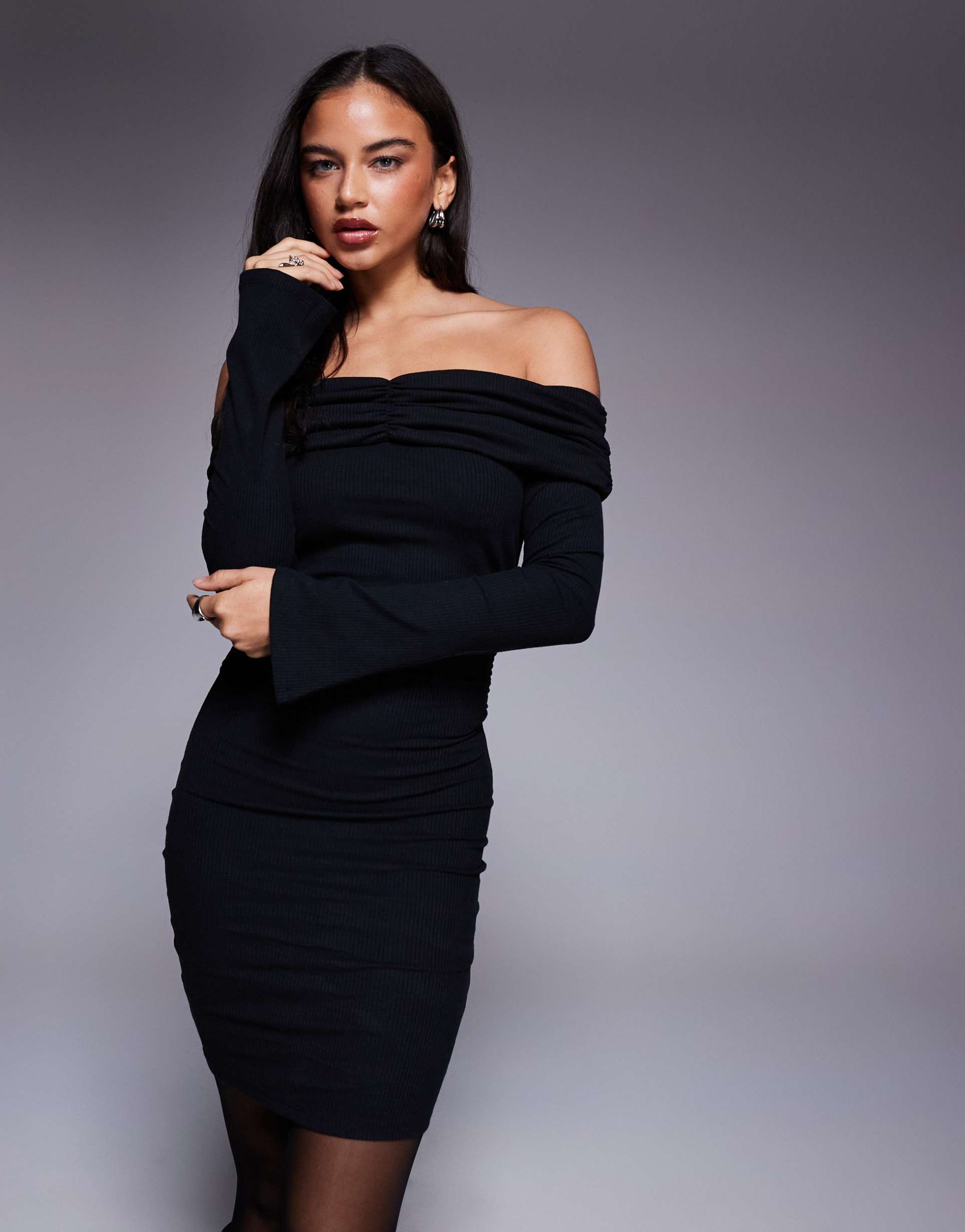 asos design ribbed ruched bardot mini dress in black