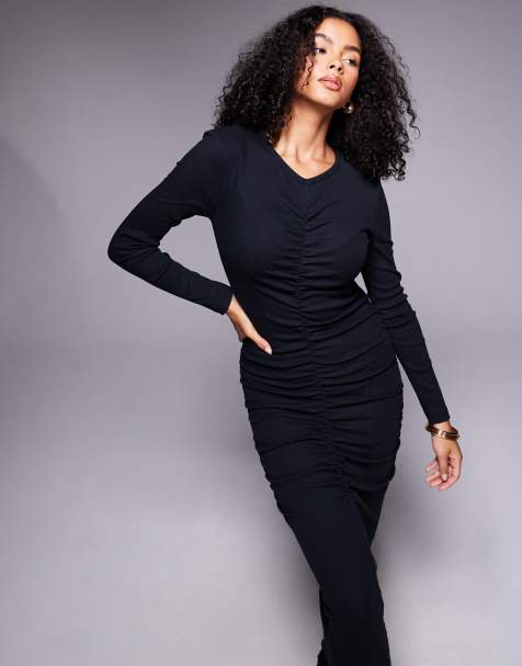 ASOS DESIGN ribbed ruched midi dress in black - view 1