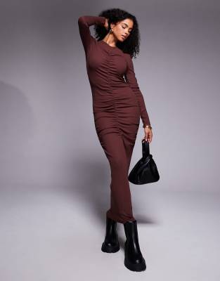 ASOS DESIGN ribbed ruched midi dress in chocolate-Brown