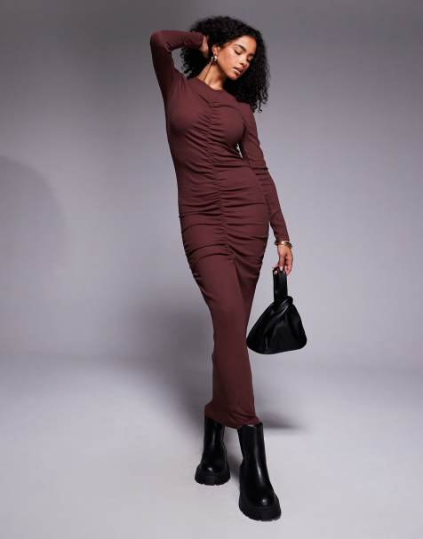 ASOS DESIGN ribbed ruched midi dress in chocolate - view 1
